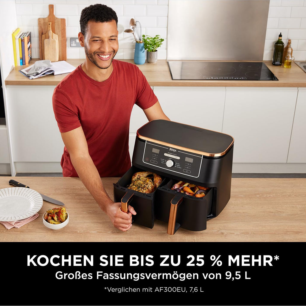 Ninja Dual Zone Digital Air Fryer, 2 Schubladen, 6-in-1, Heißluftfritteuse, 9,5 l, Heißluftfritteuse, Max Crisp, Braten, Backen, Aufwärmen, spülmaschinenfeste Körbe, Stein/Gold DZ400EUSTGD