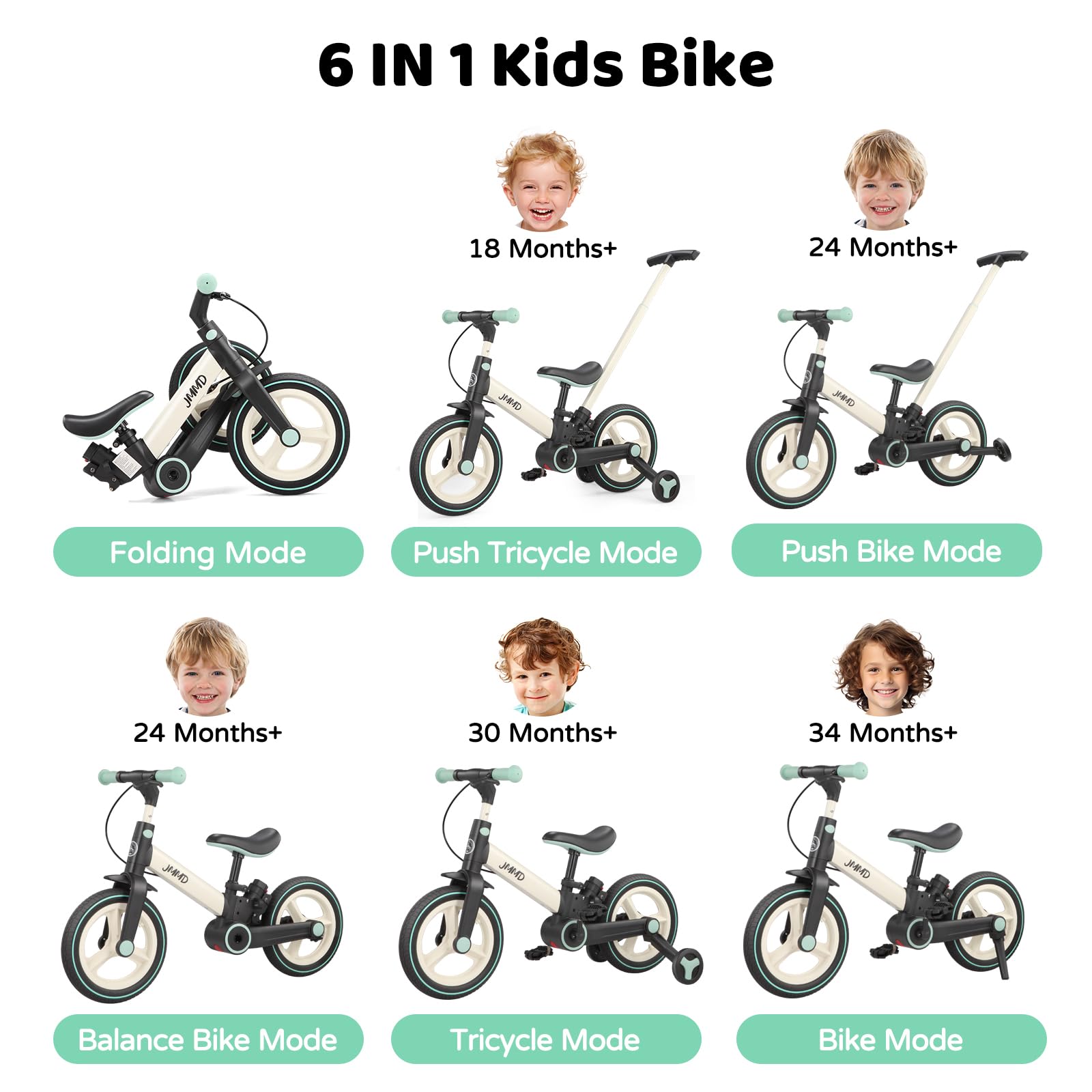 Laufrad mit Schiebestange für Kinder 18 Monate – 5 Jahre, 6 in 1 Kinderfahrrad mit Stützrädern & Pedalen, Laufrad für Jungen und Mädchen mit Bremsen & Ständer
