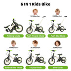 Laufrad mit Schiebestange für Kinder 18 Monate – 5 Jahre, 6 in 1 Kinderfahrrad mit Stützrädern & Pedalen, Laufrad für Jungen und Mädchen mit Bremsen & Ständer