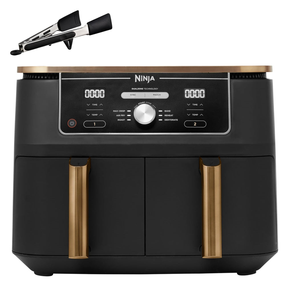 Ninja Dual Zone Digital Air Fryer, 2 Schubladen, 6-in-1, Heißluftfritteuse, 9,5 l, Heißluftfritteuse, Max Crisp, Braten, Backen, Aufwärmen, spülmaschinenfeste Körbe, Stein/Gold DZ400EUSTGD