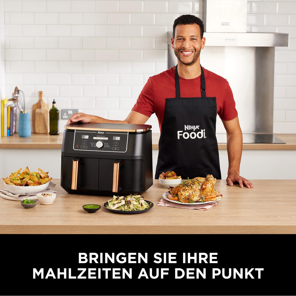 Ninja Dual Zone Digital Air Fryer, 2 Schubladen, 6-in-1, Heißluftfritteuse, 9,5 l, Heißluftfritteuse, Max Crisp, Braten, Backen, Aufwärmen, spülmaschinenfeste Körbe, Stein/Gold DZ400EUSTGD