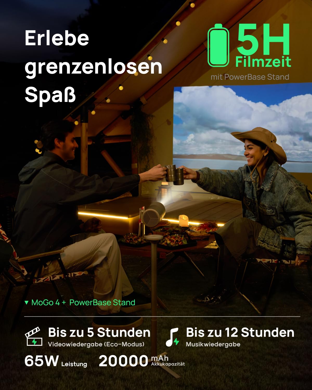 XGIMI MoGo 4 Mini Projecteur avec Batterie - Home Cinéma Extérieur Intelligent avec Support PowerBase, Autonomie 5h, Google TV et Netflix, Support 360°, 450 Lumens ISO, 2 x 6W Harman Kardon