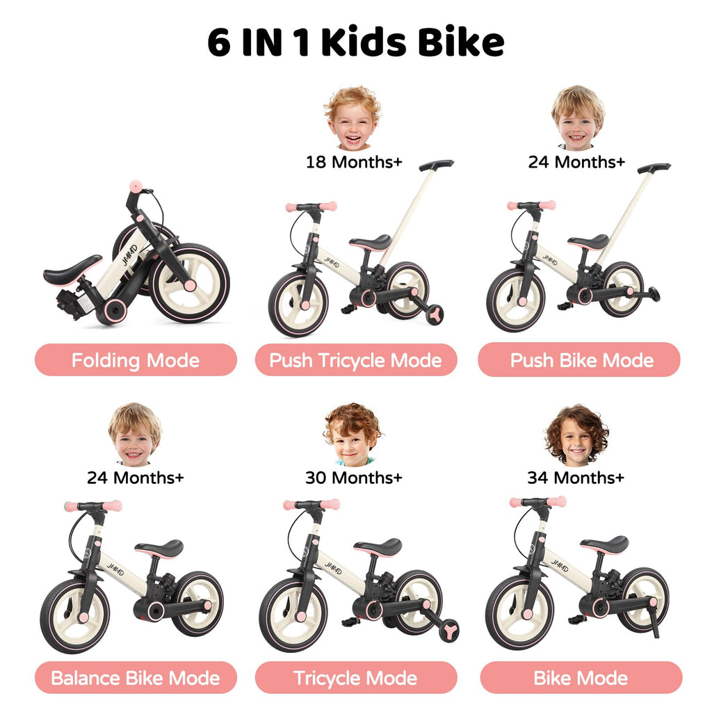 Laufrad mit Schiebestange für Kinder 18 Monate – 5 Jahre, 6 in 1 Kinderfahrrad mit Stützrädern & Pedalen, Laufrad für Jungen und Mädchen mit Bremsen & Ständer