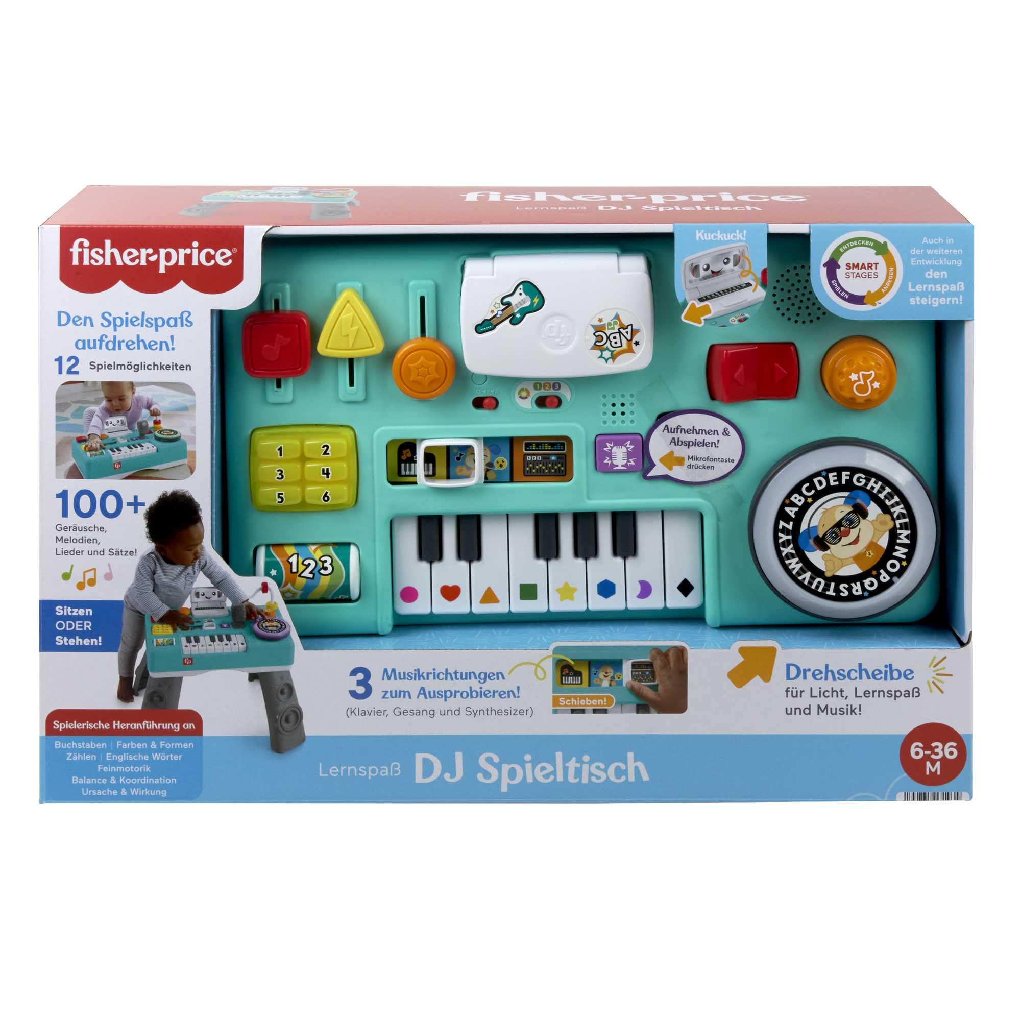 FISHER-PRICE HXG09 Lernspaß DJ-Spieltisch – Musikalisches Lernspielzeug mit 3 Klavierspielmodi, Lichtern, 12 Motorikaktivitäten und über 100 Liedern und Tönen, spricht Deutsch, ab 6 Monaten / 1 Jahr