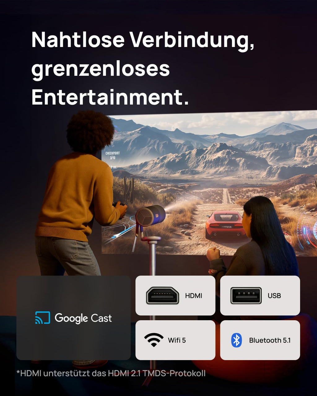 XGIMI MoGo 4 Mini Projecteur avec Batterie - Home Cinéma Extérieur Intelligent avec Support PowerBase, Autonomie 5h, Google TV et Netflix, Support 360°, 450 Lumens ISO, 2 x 6W Harman Kardon