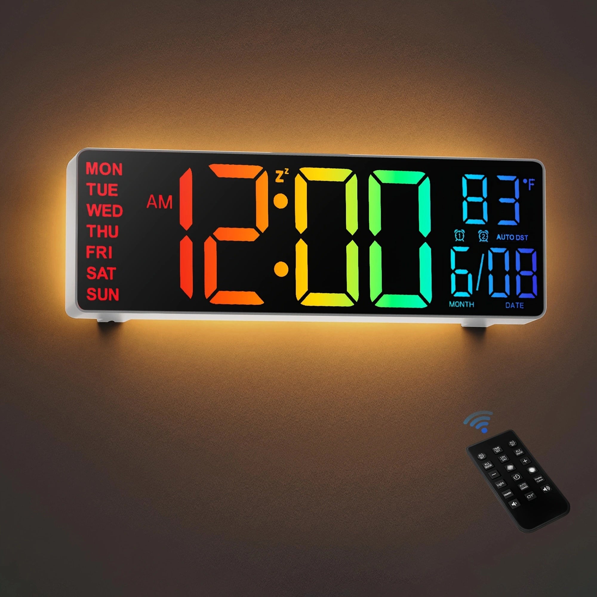 Große digitale Wanduhr (26,67 cm) mit Fernbedienung, Doppelalarm, großem LED-Display, 8 RGB-Farben, automatischer Sommerzeitumstellung und Temperaturanzeige. Ideal für Wohnzimmer, Schlafzimmer und als Dekoration. Auch als Geschenk für Senioren geeignet.
