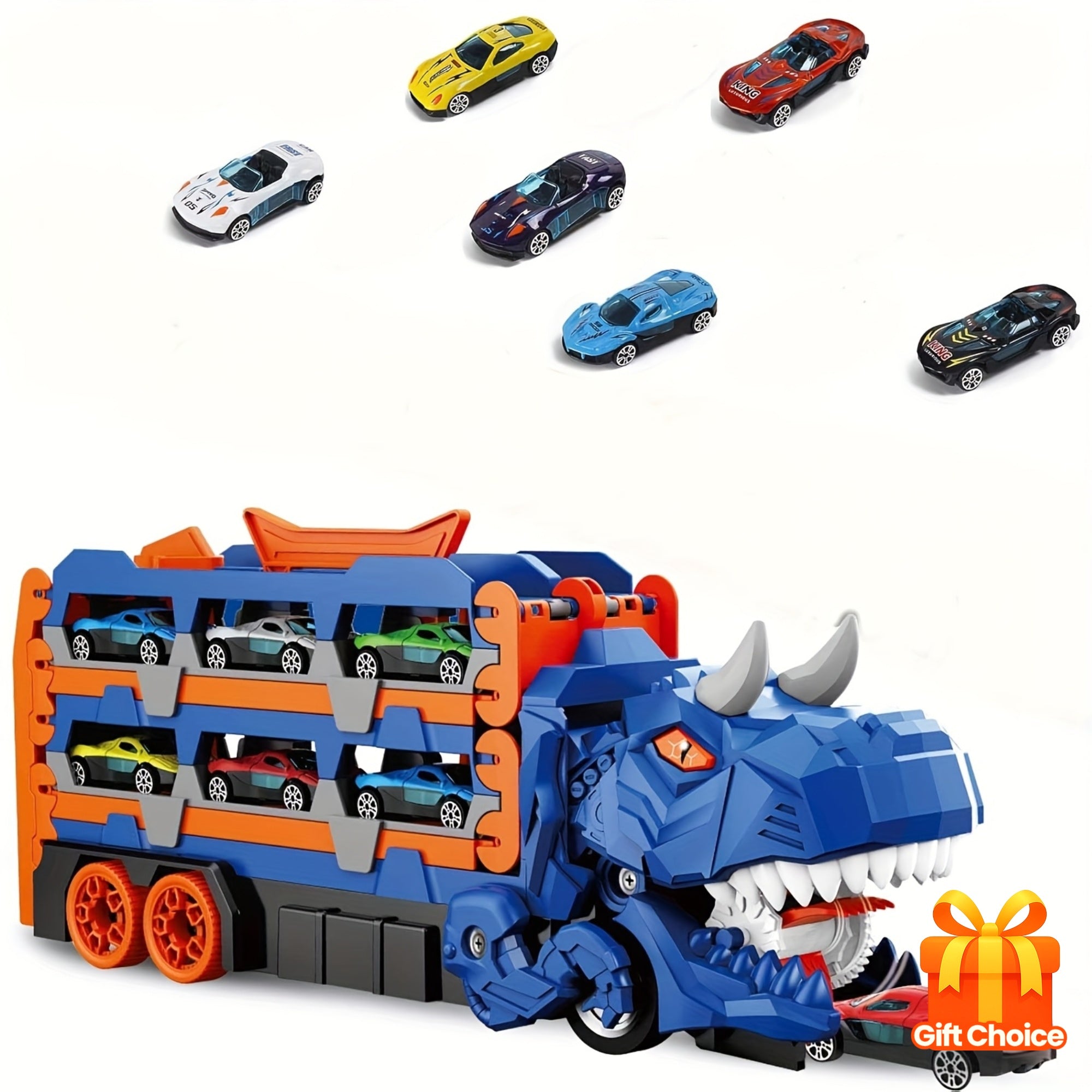 Dreiteiliger Dinosaurier-Spielzeuglaster – Sechs Miniatur-Automodelle aus Metalllegierung, interaktive Eltern-Kind-Spiele, ausziehbar zu einer Rennstrecke, perfektes Geschenk für Jungen- und Mädchengeburtstage