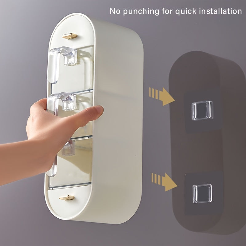 Ein 5-teiliges Gewürzspender-Set für die Küche, mit Fächern für Salz, Glutamat und verschiedene Würzmittel, zur Wandmontage ohne Bohren geeignet, mit einer Aufbewahrungsbox mit mehreren Fächern.