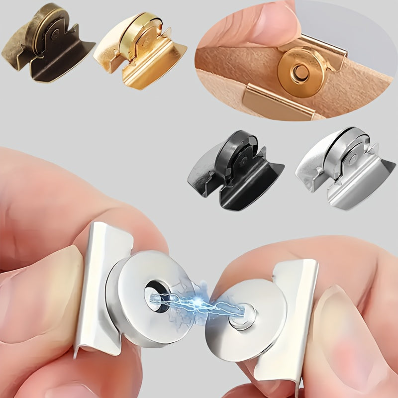 Set mit 4 metallischen Magnetverschlüssen in Schwarz, Gold, Silber und Bronze, ideal für die Verwendung an Taschen, Schachteln, Vorhängen und verschiedenen anderen Gegenständen.