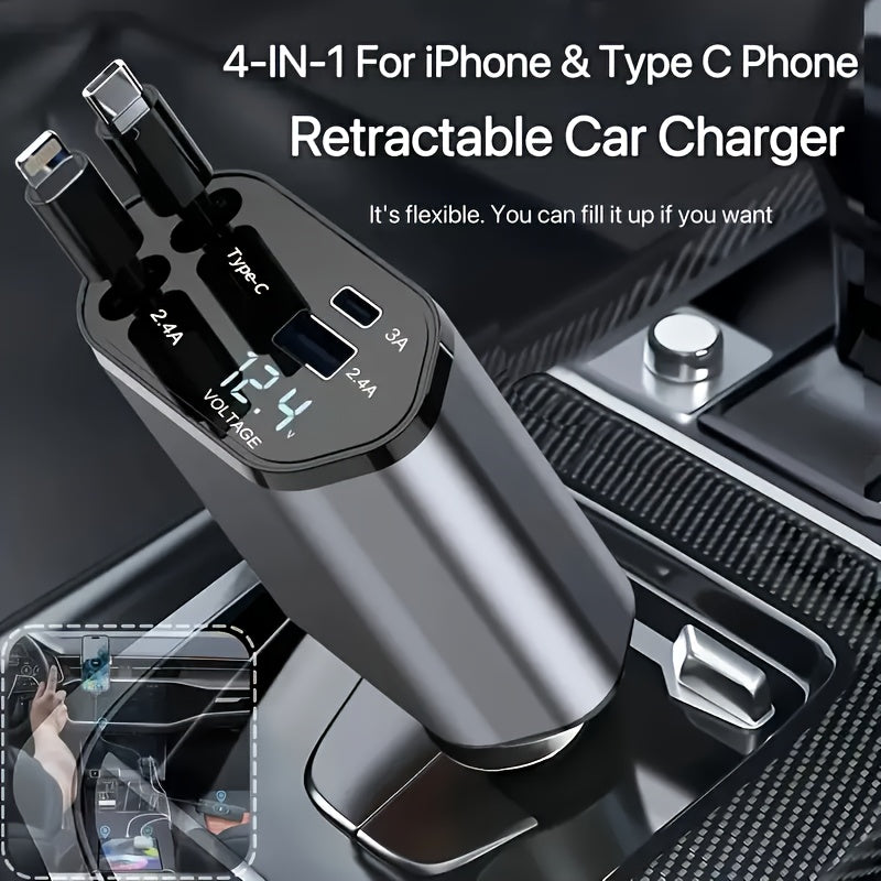 4-in-1-Autoladegerät mit 180°-Drehstecker | Unterstützt PD, QC3.0, USB und Typ-C, kompatibel mit iPhone 15/14/13 und Samsung Galaxy, Betriebsspannung ≤ 36 V, ohne Batterie, geeignet für die Verwendung im Auto