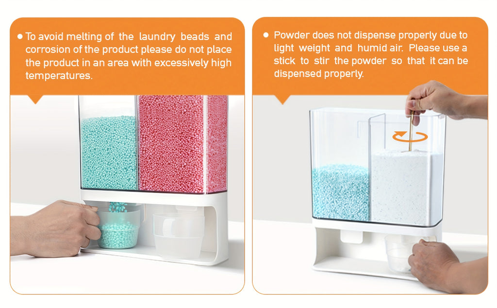 Wandmontierter DIY-Waschmittelspender – Transparenter Behälter mit zwei Kammern, geeignet für Duftperlen, Fleckenentferner und Tierfutter – Platzsparende, hochwertige Kunststoff-Aufbewahrungsbox, einfache Montage, für moderne Waschküchen