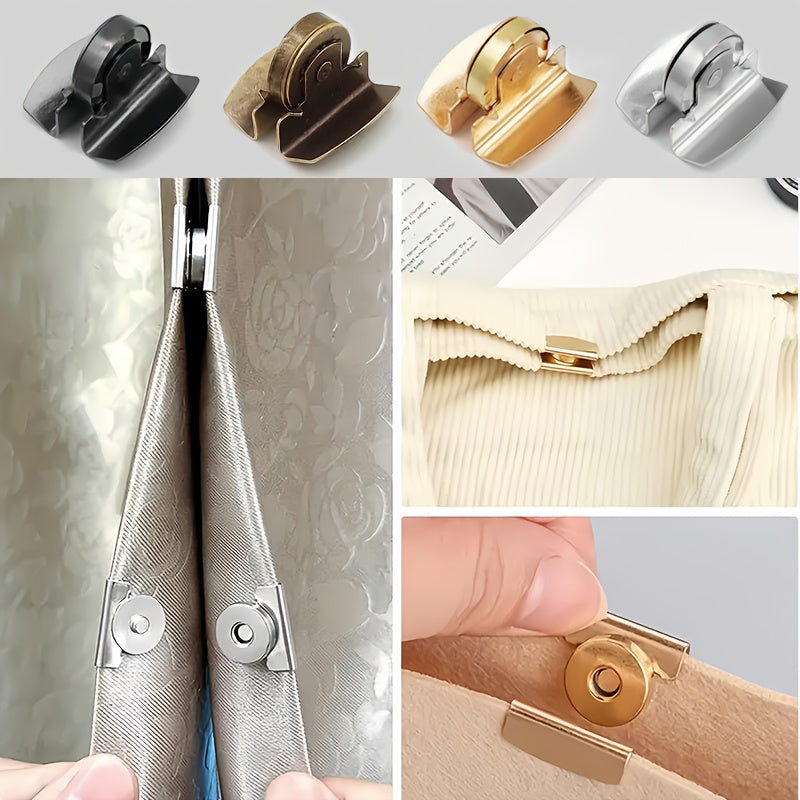 Set mit 4 metallischen Magnetverschlüssen in Schwarz, Gold, Silber und Bronze, ideal für die Verwendung an Taschen, Schachteln, Vorhängen und verschiedenen anderen Gegenständen.