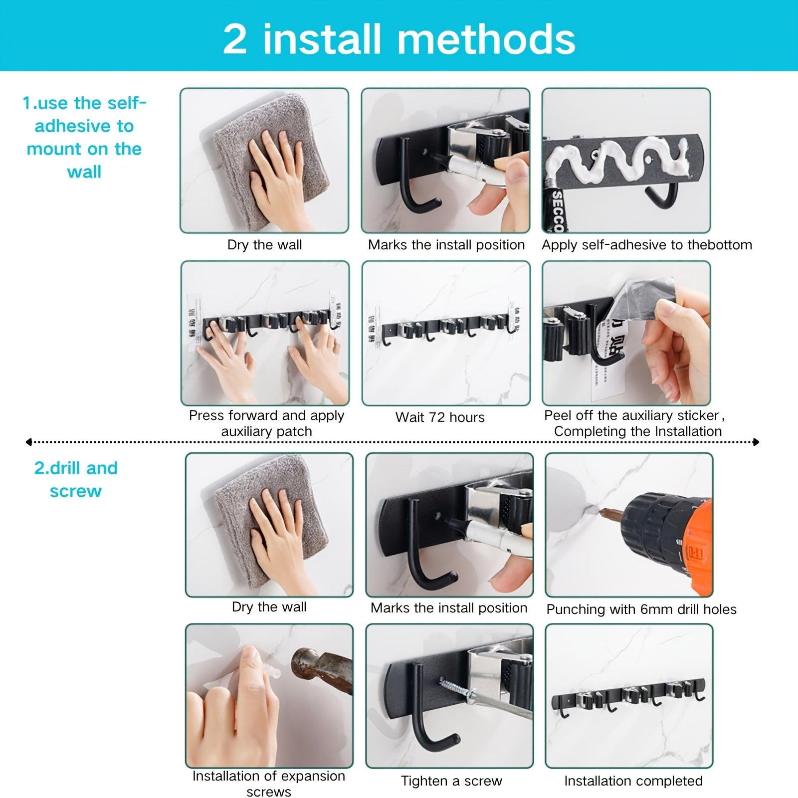 1 Stück robuste, wandmontierte Werkzeugablage aus Edelstahl, Halterung für Mopp und Besen - Geeignet für Haushalt, Küche, Garage, Waschküche, Badezimmer zur Organisation und Aufbewahrung mit Haken