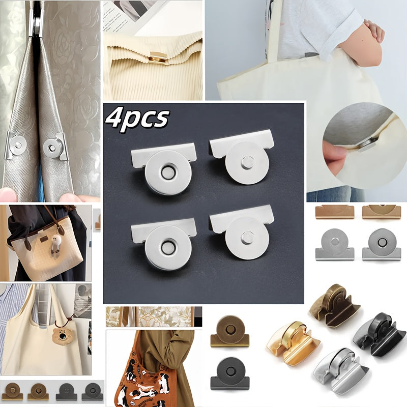 Set mit 4 metallischen Magnetverschlüssen in Schwarz, Gold, Silber und Bronze, ideal für die Verwendung an Taschen, Schachteln, Vorhängen und verschiedenen anderen Gegenständen.