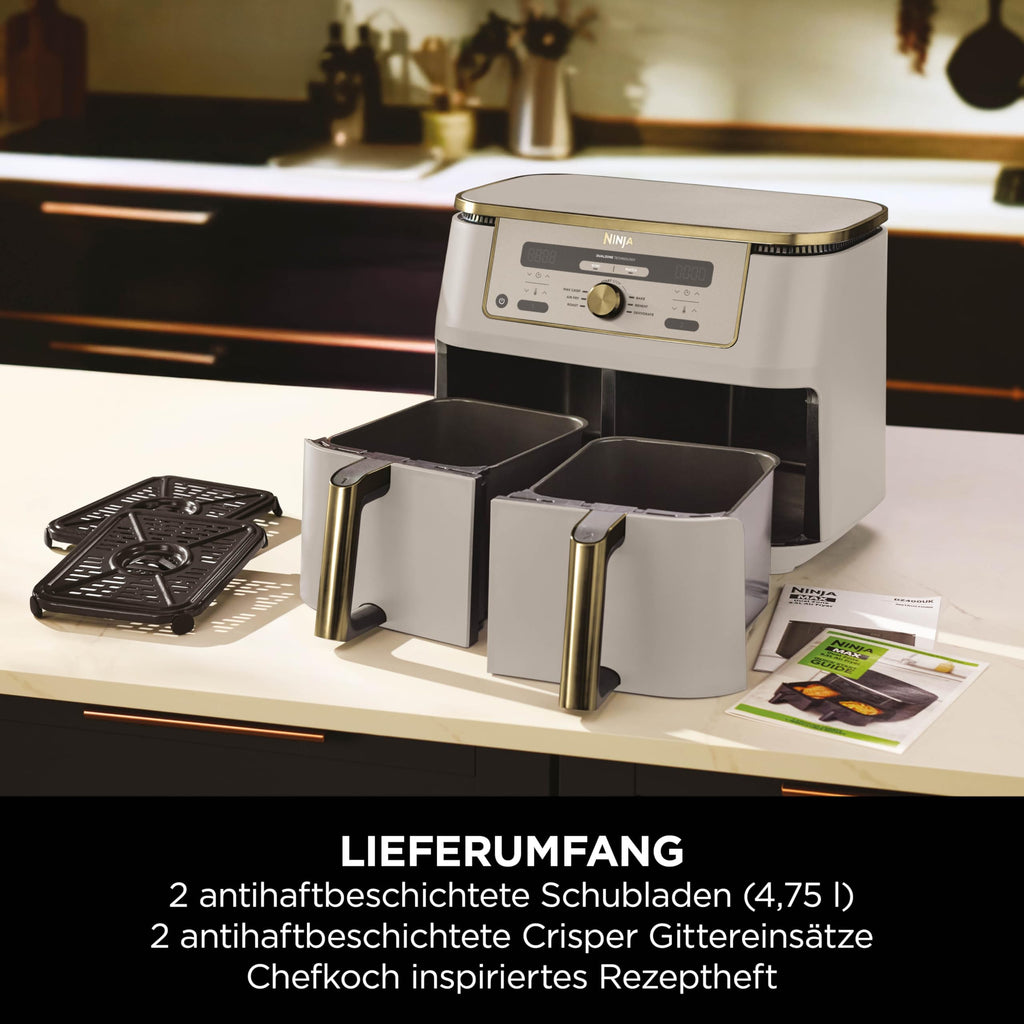 Ninja Dual Zone Digital Air Fryer, 2 Schubladen, 6-in-1, Heißluftfritteuse, 9,5 l, Heißluftfritteuse, Max Crisp, Braten, Backen, Aufwärmen, spülmaschinenfeste Körbe, Stein/Gold DZ400EUSTGD