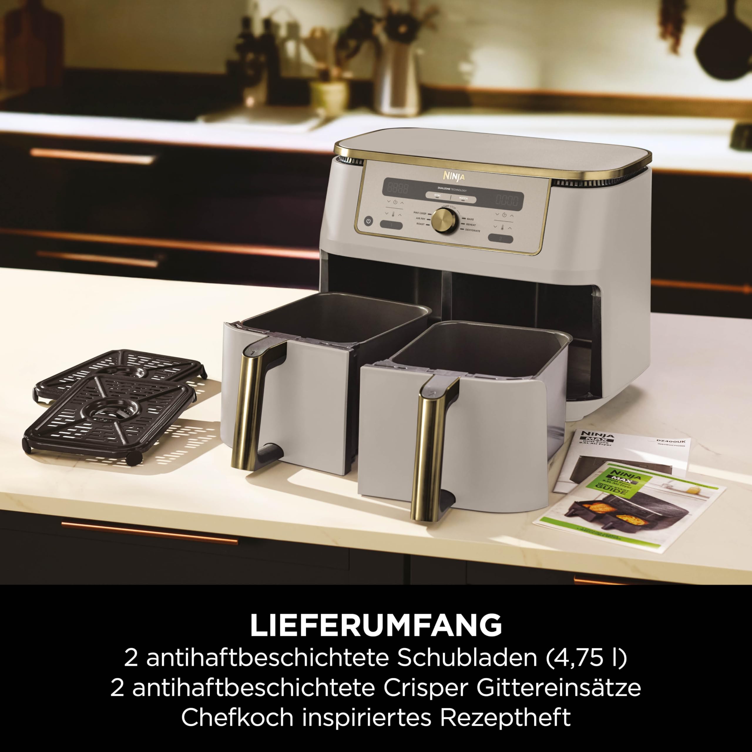 Ninja Dual Zone Digital Air Fryer, 2 Schubladen, 6-in-1, Heißluftfritteuse, 9,5 l, Heißluftfritteuse, Max Crisp, Braten, Backen, Aufwärmen, spülmaschinenfeste Körbe, Stein/Gold DZ400EUSTGD