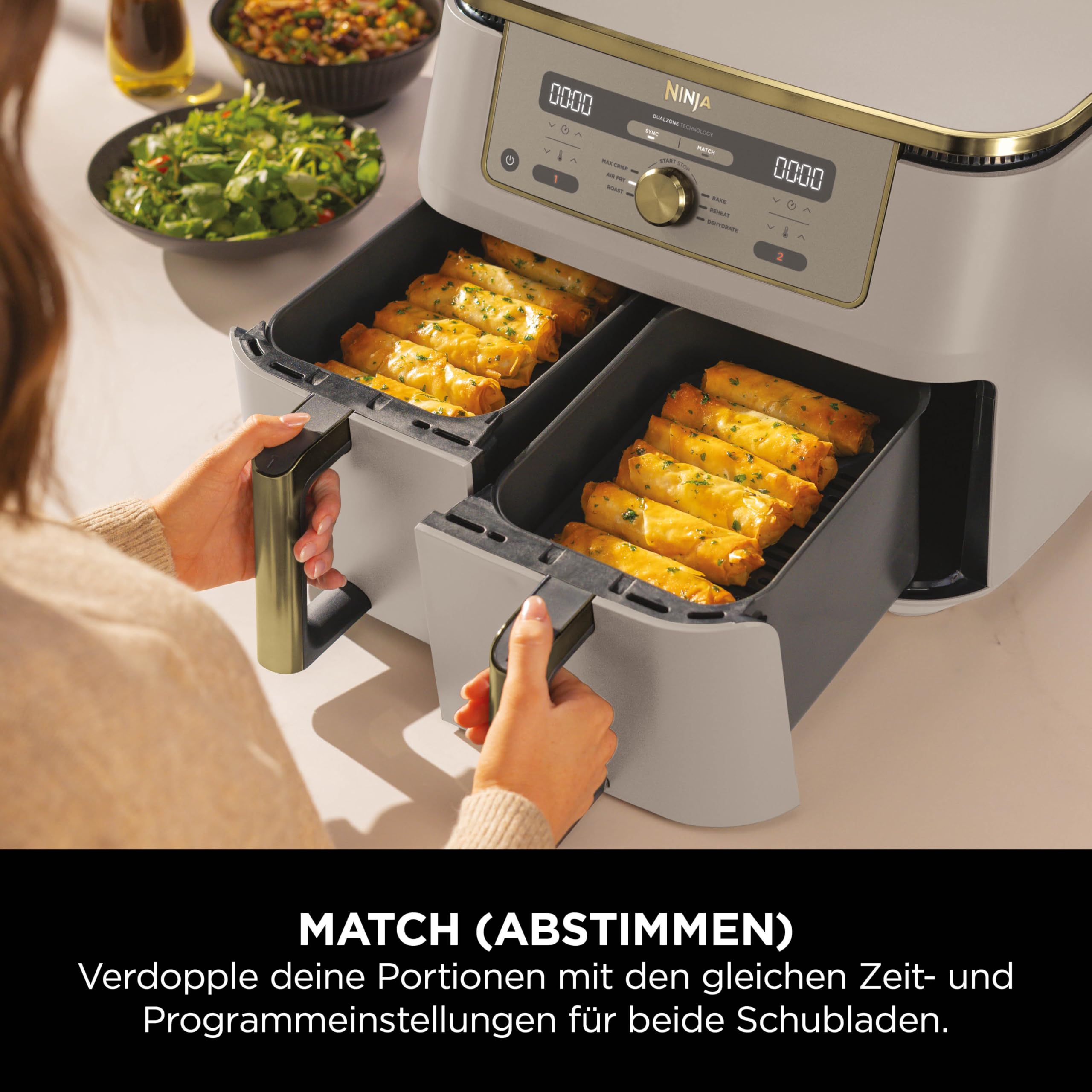 Ninja Dual Zone Digital Air Fryer, 2 Schubladen, 6-in-1, Heißluftfritteuse, 9,5 l, Heißluftfritteuse, Max Crisp, Braten, Backen, Aufwärmen, spülmaschinenfeste Körbe, Stein/Gold DZ400EUSTGD