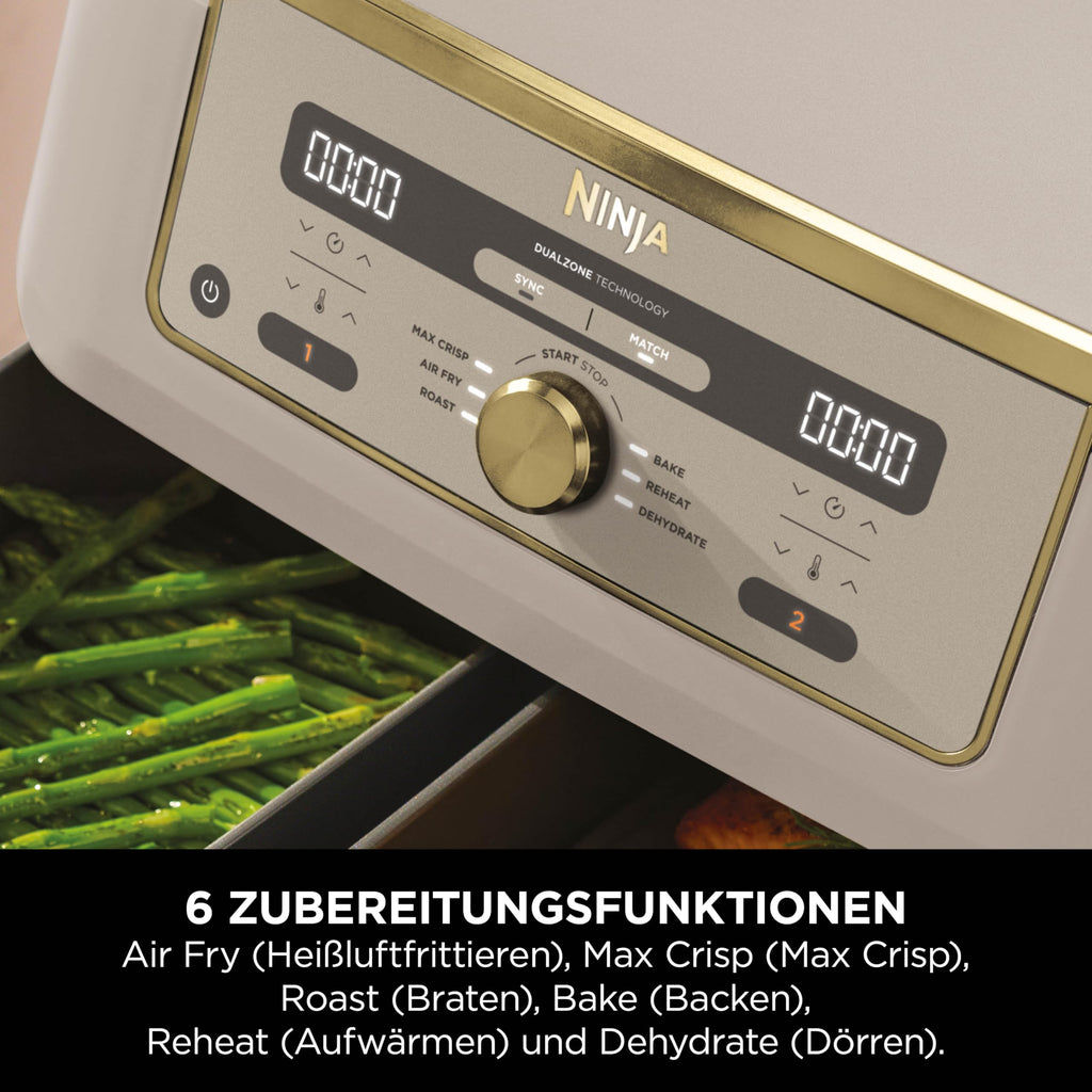 Ninja Dual Zone Digital Air Fryer, 2 Schubladen, 6-in-1, Heißluftfritteuse, 9,5 l, Heißluftfritteuse, Max Crisp, Braten, Backen, Aufwärmen, spülmaschinenfeste Körbe, Stein/Gold DZ400EUSTGD