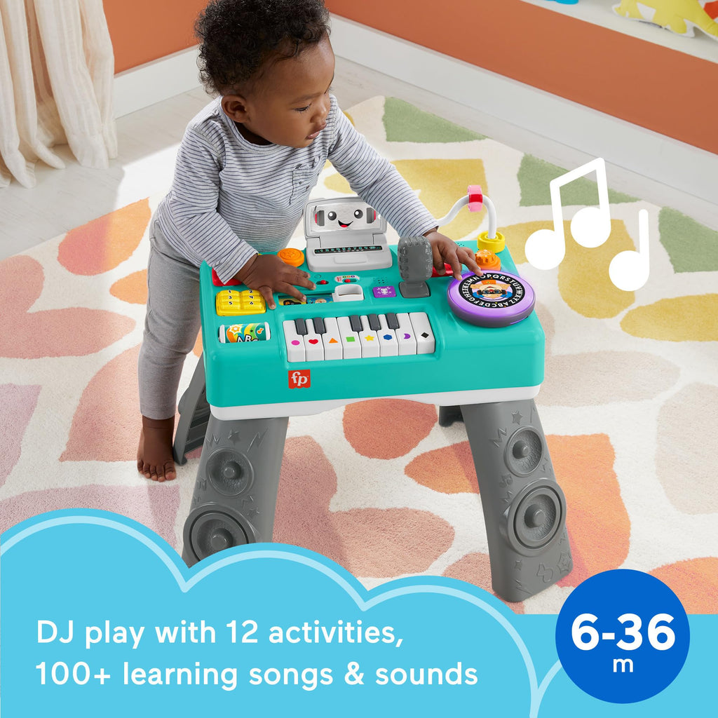 FISHER-PRICE HXG09 Lernspaß DJ-Spieltisch – Musikalisches Lernspielzeug mit 3 Klavierspielmodi, Lichtern, 12 Motorikaktivitäten und über 100 Liedern und Tönen, spricht Deutsch, ab 6 Monaten / 1 Jahr