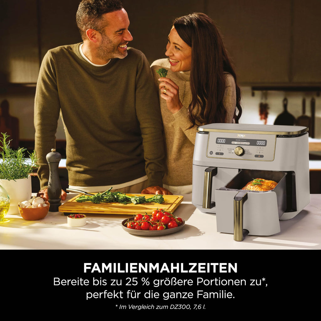 Ninja Dual Zone Digital Air Fryer, 2 Schubladen, 6-in-1, Heißluftfritteuse, 9,5 l, Heißluftfritteuse, Max Crisp, Braten, Backen, Aufwärmen, spülmaschinenfeste Körbe, Stein/Gold DZ400EUSTGD