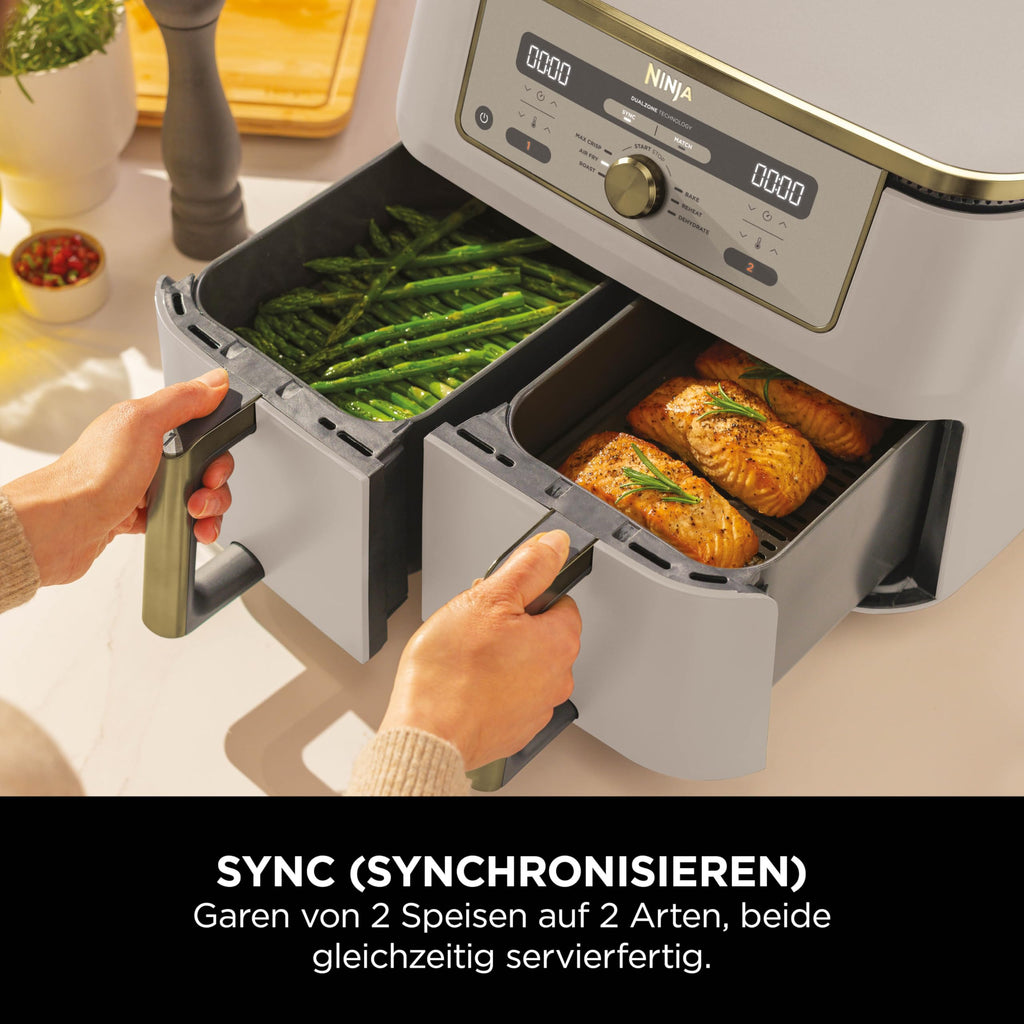 Ninja Dual Zone Digital Air Fryer, 2 Schubladen, 6-in-1, Heißluftfritteuse, 9,5 l, Heißluftfritteuse, Max Crisp, Braten, Backen, Aufwärmen, spülmaschinenfeste Körbe, Stein/Gold DZ400EUSTGD