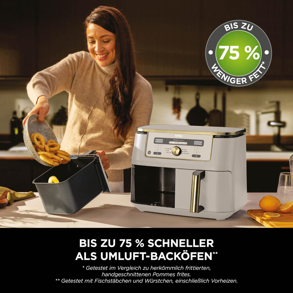 Ninja Dual Zone Digital Air Fryer, 2 Schubladen, 6-in-1, Heißluftfritteuse, 9,5 l, Heißluftfritteuse, Max Crisp, Braten, Backen, Aufwärmen, spülmaschinenfeste Körbe, Stein/Gold DZ400EUSTGD