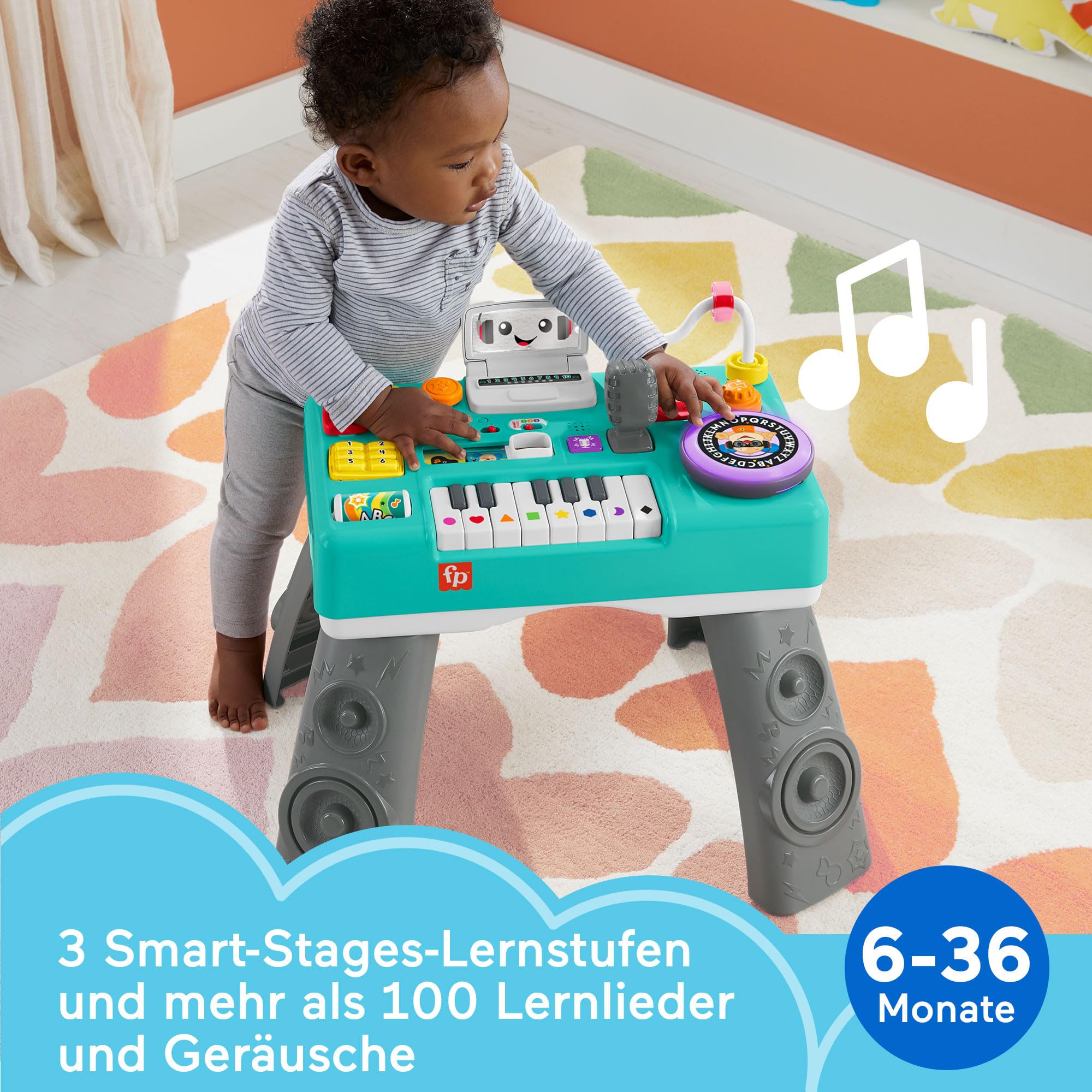 FISHER-PRICE HXG09 Lernspaß DJ-Spieltisch – Musikalisches Lernspielzeug mit 3 Klavierspielmodi, Lichtern, 12 Motorikaktivitäten und über 100 Liedern und Tönen, spricht Deutsch, ab 6 Monaten / 1 Jahr