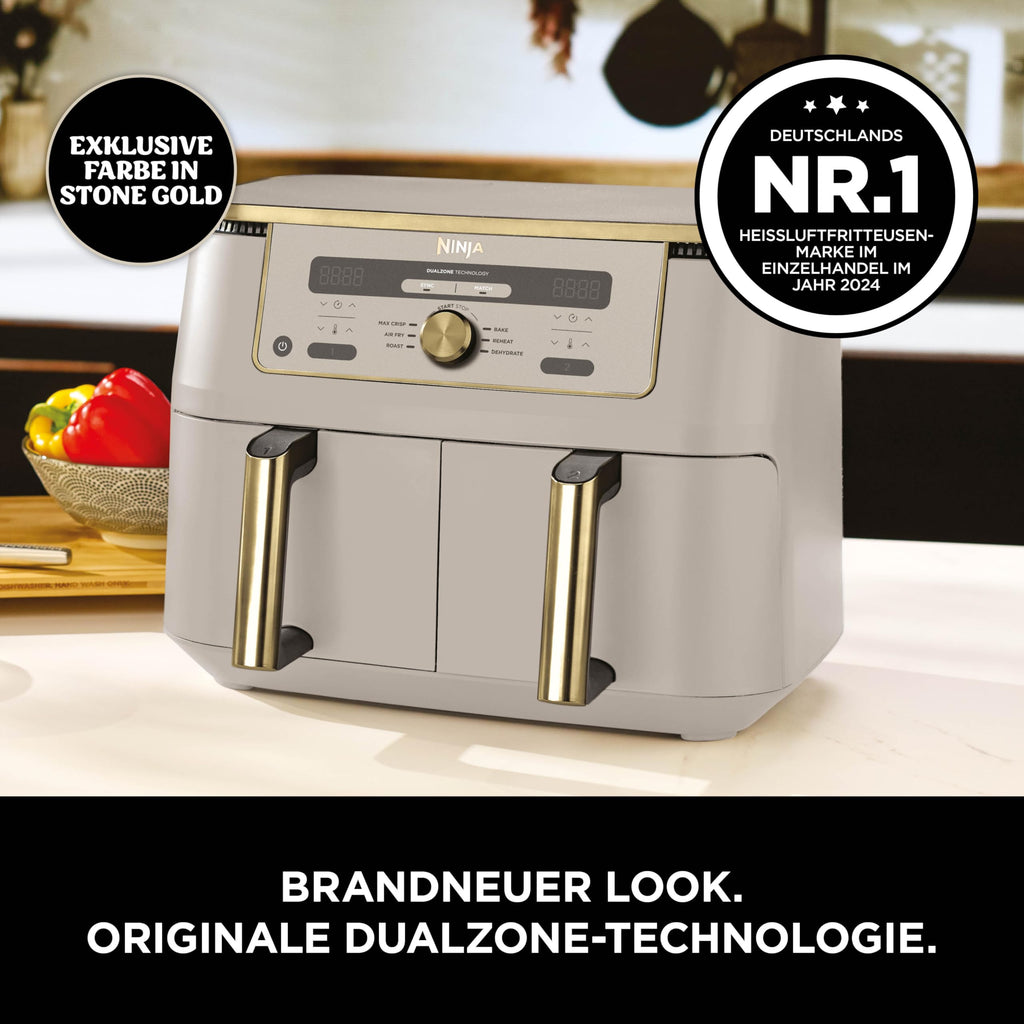 Ninja Dual Zone Digital Air Fryer, 2 Schubladen, 6-in-1, Heißluftfritteuse, 9,5 l, Heißluftfritteuse, Max Crisp, Braten, Backen, Aufwärmen, spülmaschinenfeste Körbe, Stein/Gold DZ400EUSTGD