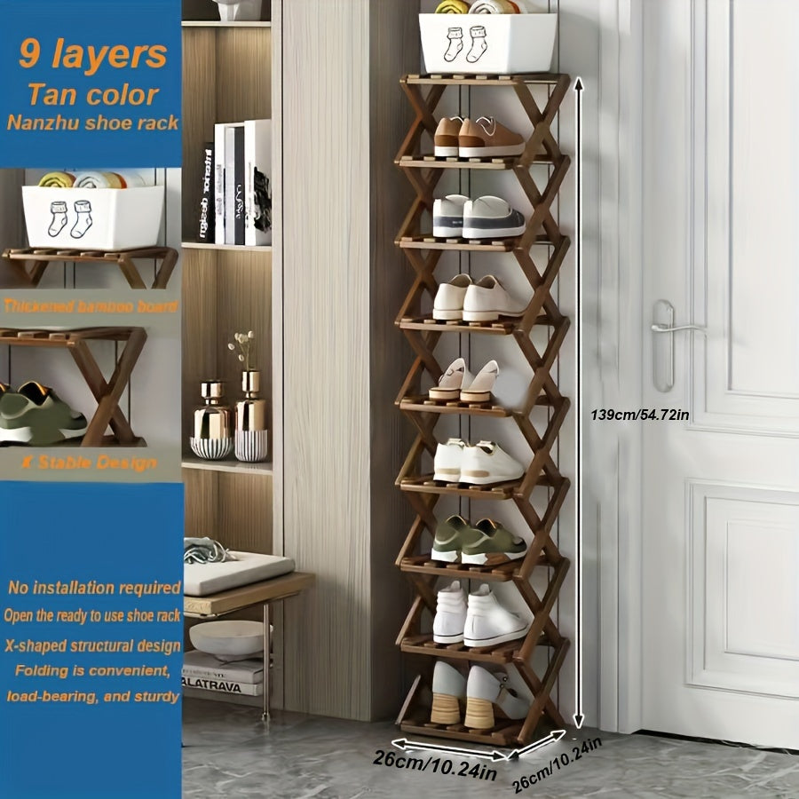 Adjustable & Foldable Bamboo Shoe Rack - Space-Saving 3-9 Tier Shoe Organizer for Small Spaces, No-Install Expandable Design for Home & Office, Natural Wood Finish, Shoe Storage Organizer