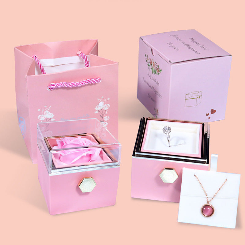 Drehbare Seifenblumen-Rosen-Geschenkbox, kreative drehbare Rosen-Schmuckverpackung, Valentinstagsgeschenk für Frauen