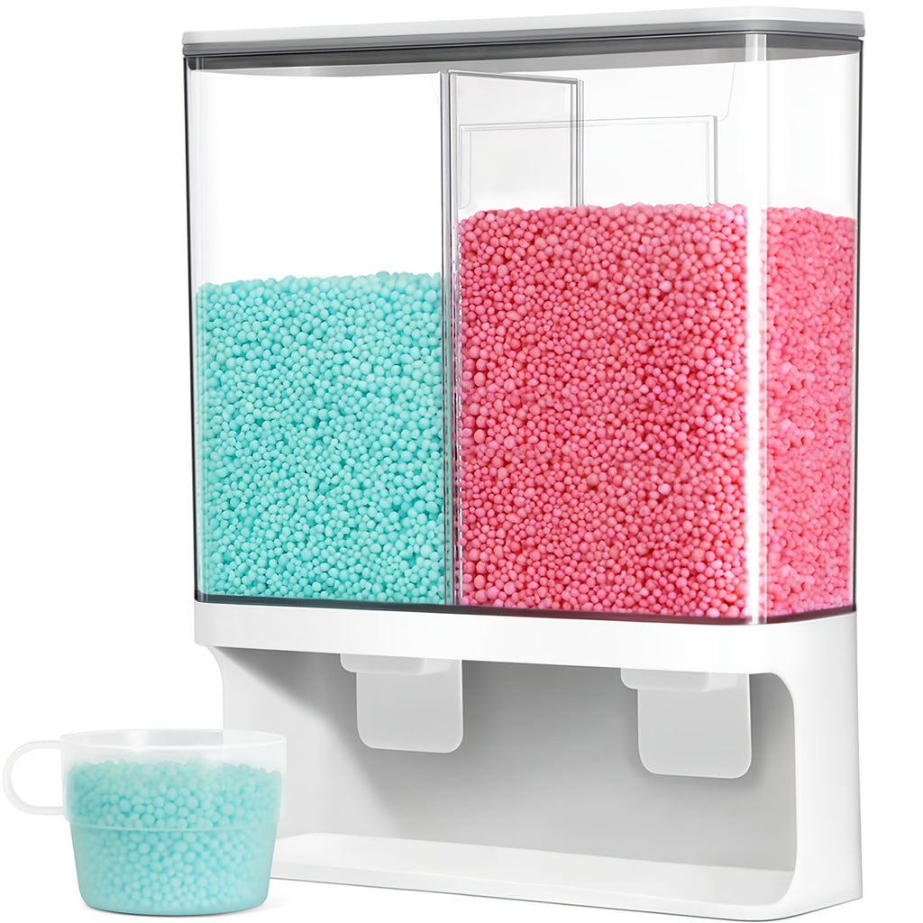 Wandmontierter DIY-Waschmittelspender – Transparenter Behälter mit zwei Kammern, geeignet für Duftperlen, Fleckenentferner und Tierfutter – Platzsparende, hochwertige Kunststoff-Aufbewahrungsbox, einfache Montage, für moderne Waschküchen