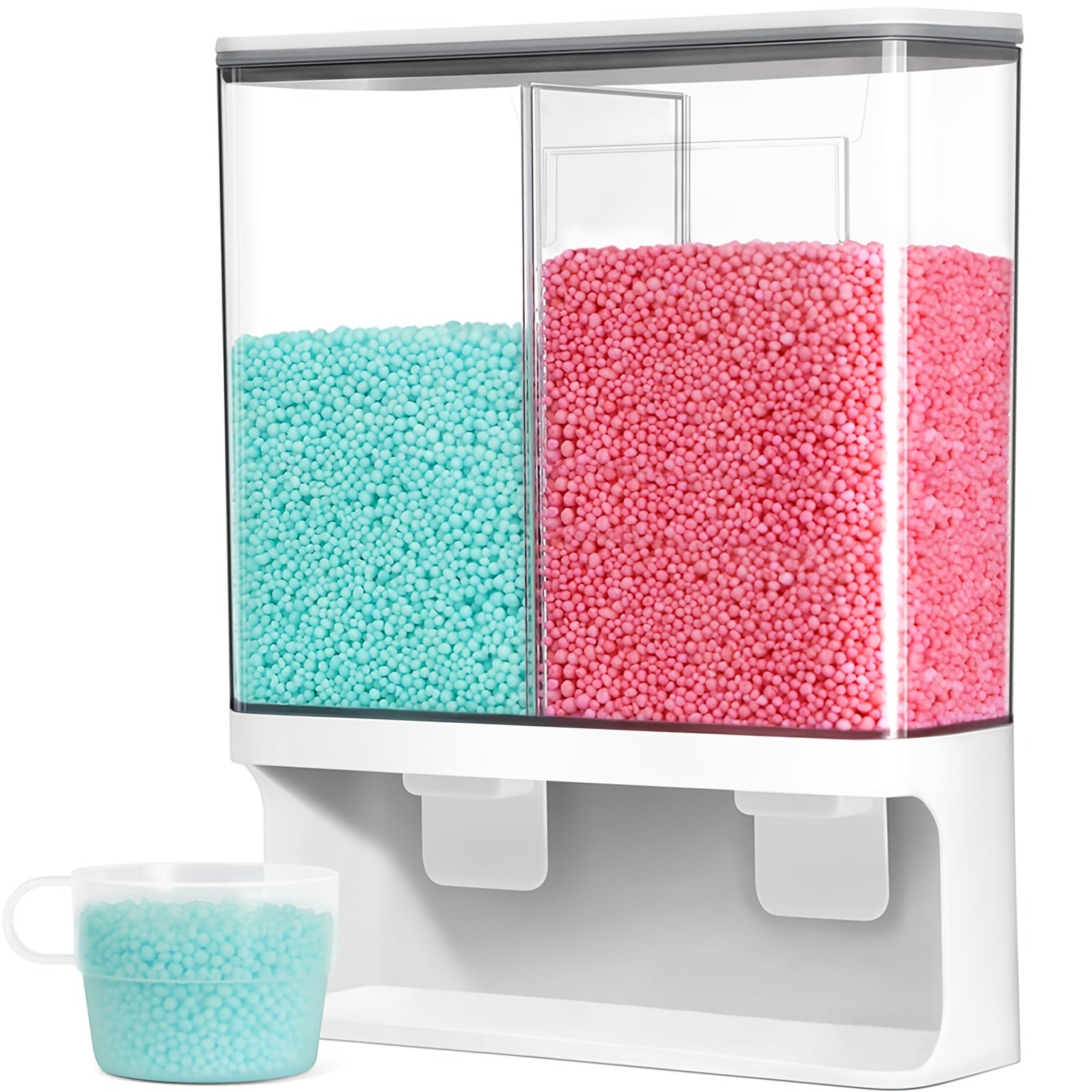 Wandmontierter DIY-Waschmittelspender – Transparenter Behälter mit zwei Kammern, geeignet für Duftperlen, Fleckenentferner und Tierfutter – Platzsparende, hochwertige Kunststoff-Aufbewahrungsbox, einfache Montage, für moderne Waschküchen