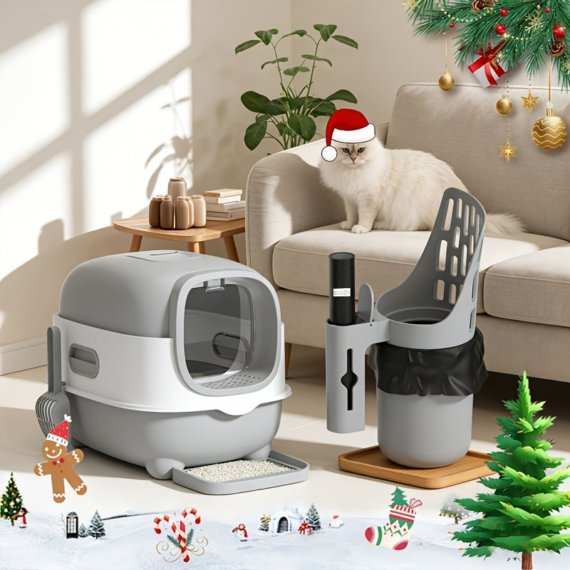 Katzenstreuschaufel mit Einhandverschluss (großes Fassungsvermögen) - Freihändige Haustierkotschaufel für Katzen/kleine Hunde, streubeutelfreundlich, geruchsneutralisierend (5 Müllbeutelrollen enthalten, kein direkter Handkontakt)