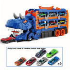 Dreiteiliger Dinosaurier-Spielzeuglaster – Sechs Miniatur-Automodelle aus Metalllegierung, interaktive Eltern-Kind-Spiele, ausziehbar zu einer Rennstrecke, perfektes Geschenk für Jungen- und Mädchengeburtstage