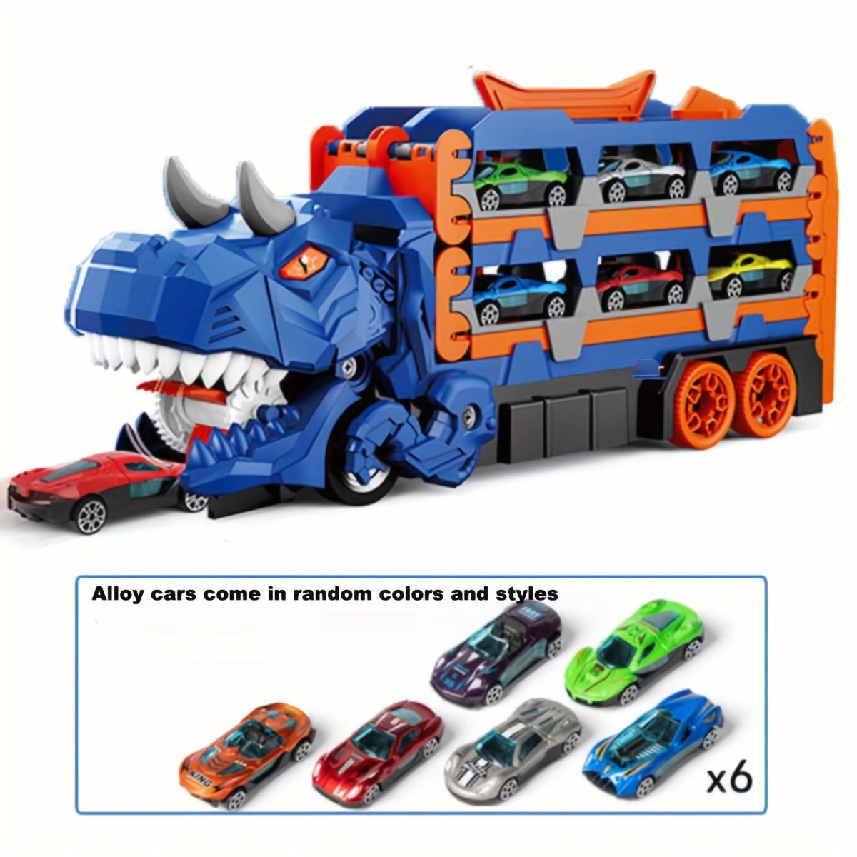 Dreiteiliger Dinosaurier-Spielzeuglaster – Sechs Miniatur-Automodelle aus Metalllegierung, interaktive Eltern-Kind-Spiele, ausziehbar zu einer Rennstrecke, perfektes Geschenk für Jungen- und Mädchengeburtstage