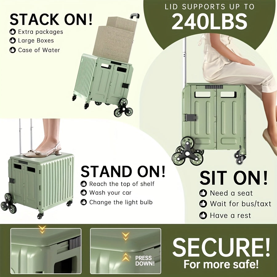 Heavy-Duty Foldable Utility Cart with 4 Rotating Wheels & Telescoping Handle - Collapsible Portable Rolling Crate Handcart, Durable Plastic/Metal Construction for Travel, Shopping, Office, Teachers, Luggage Storage, Office Or