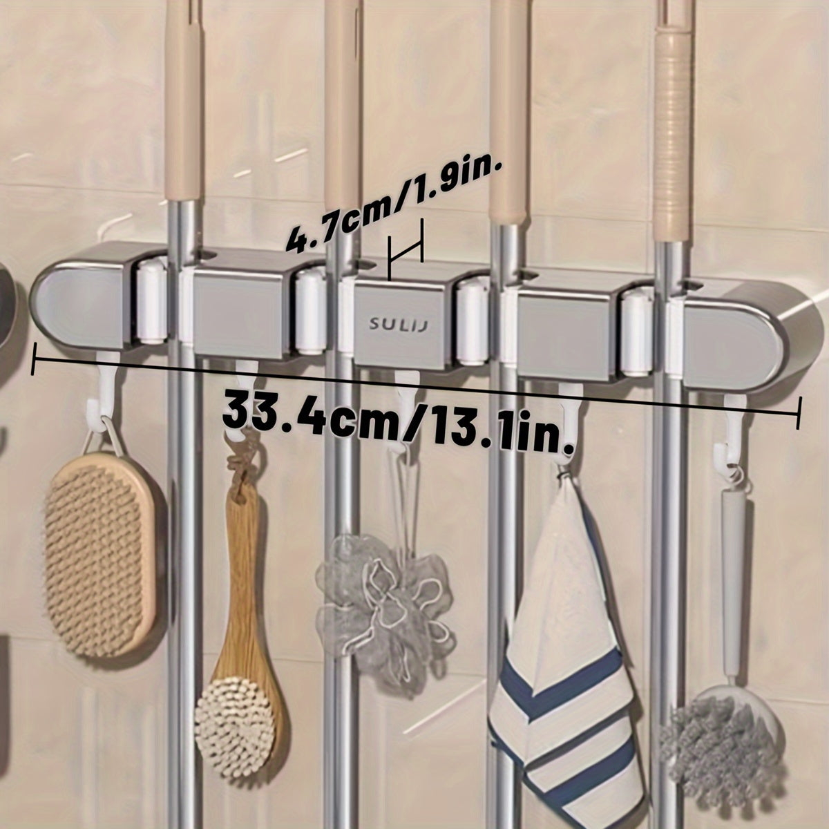 Wandorganizer mit 4 Clips und 5 Haken (ohne Bohren) | Multifunktionale Besen-/Mopphalterung & rutschfester Handtuchhalter, für Reinigungsmittel und -utensilien, robustes PVC, geeignet für Garage, Waschküche, Bad, Küche und Eingangsbereich
