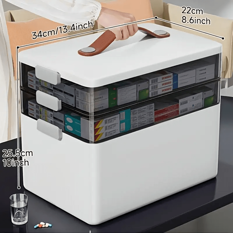 1 Stück / Große, tragbare Erste-Hilfe-Aufbewahrungsbox mit 3 Fächern, mehrlagiger Organizer für medizinisches Set mit Griff und Deckel, herausnehmbare Fächer, 34 x 22 x 25,5 cm