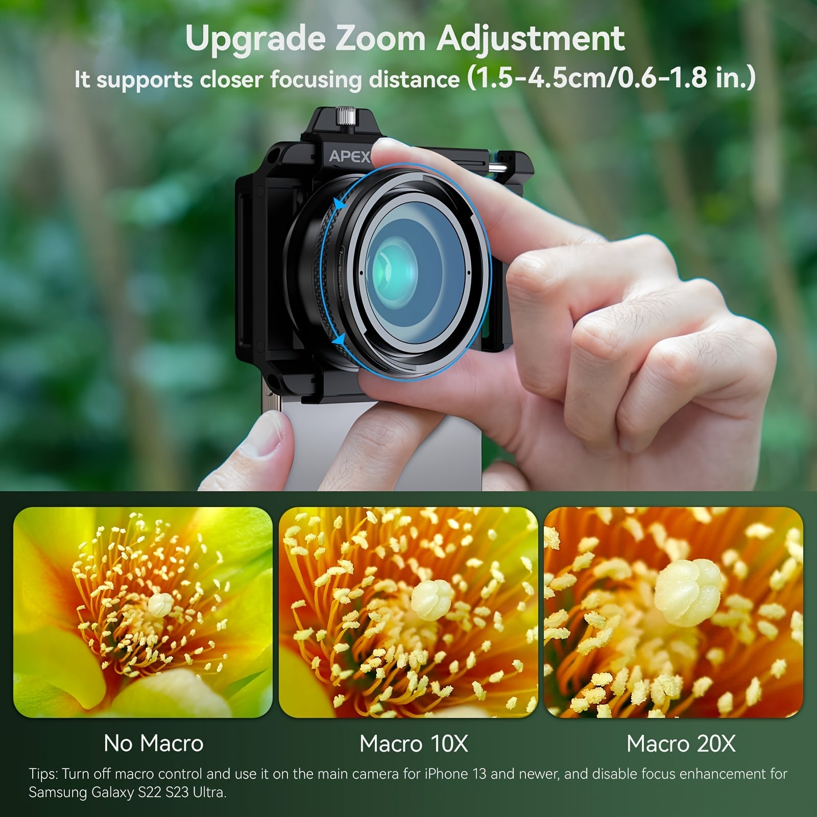 APEXEL 10-20x Zoom-Makroobjektiv-Set, Makrofotografie mit Smartphone und Universalclip für iPhone, Samsung, Xiaomi und die meisten anderen Smartphones