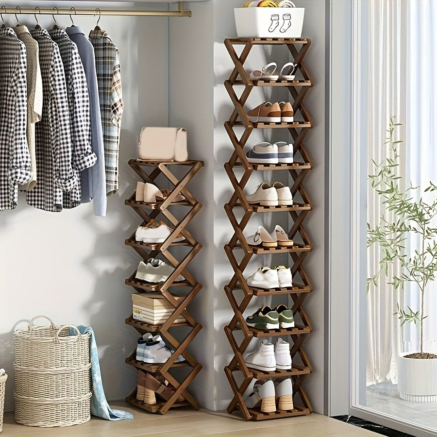 Adjustable & Foldable Bamboo Shoe Rack - Space-Saving 3-9 Tier Shoe Organizer for Small Spaces, No-Install Expandable Design for Home & Office, Natural Wood Finish, Shoe Storage Organizer