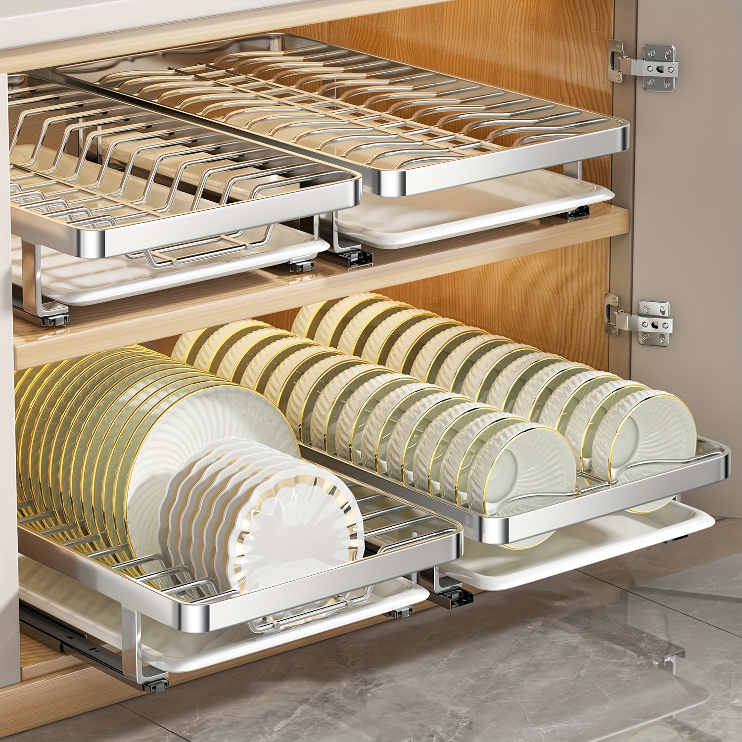 Ausziehbarer Geschirrständer, versenkbarer Abtropfkorb für Geschirr, Tassen und Gläser. Hergestellt aus rostfreiem Kohlenstoffstahl mit verstellbarer Abtropfschale. Ideal zur Aufbewahrung von Geschirr, ein unverzichtbares Küchenutensil.