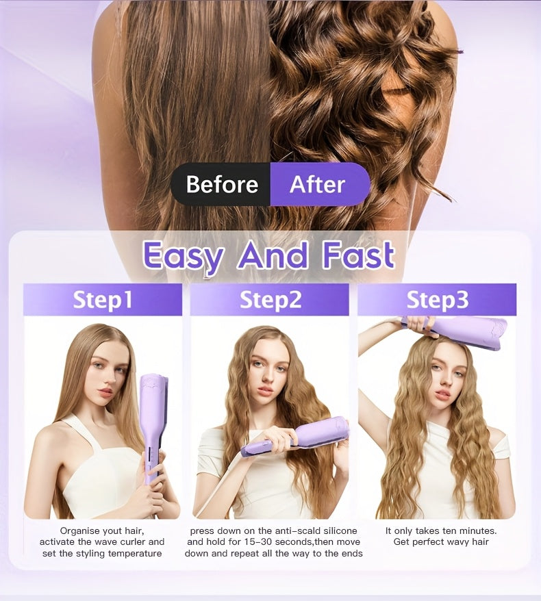 Lockenstab mit Kreppfunktion, Wellen-Lockenstab mit Kreppfunktion, Lockenstab für tiefe Wellen mit 2 Aufsätzen für Damen, geeignet für breite und tiefe Wellen, Geschenkidee für Frauen, Geburtstagsgeschenk, Muttertagsgeschenk, Pur