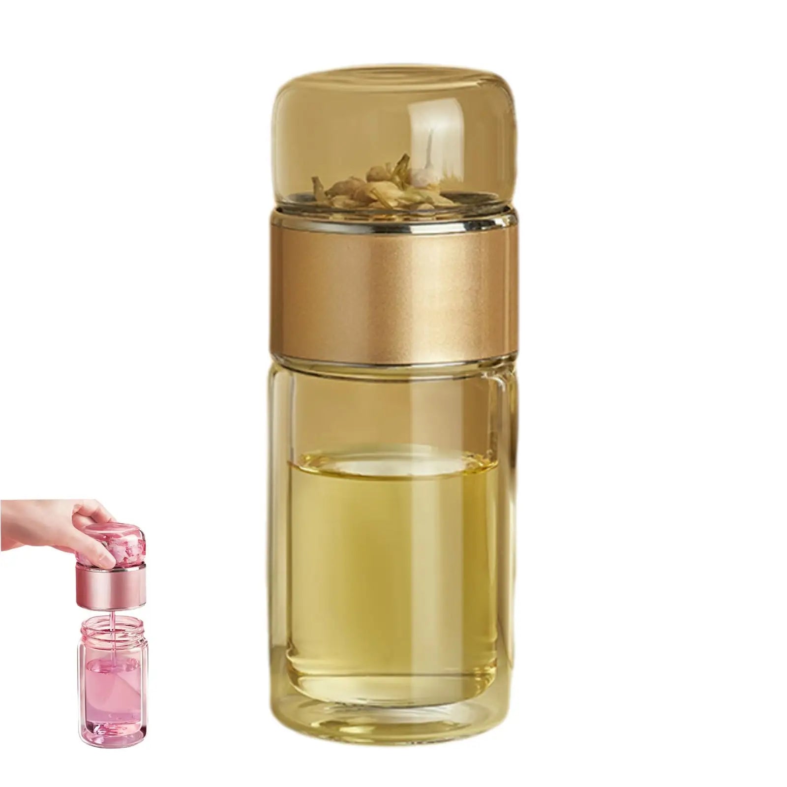 Thermoskanne Borosilikatglas – Doppelwandig, 350 ml, Schwarz/Gold/Pink