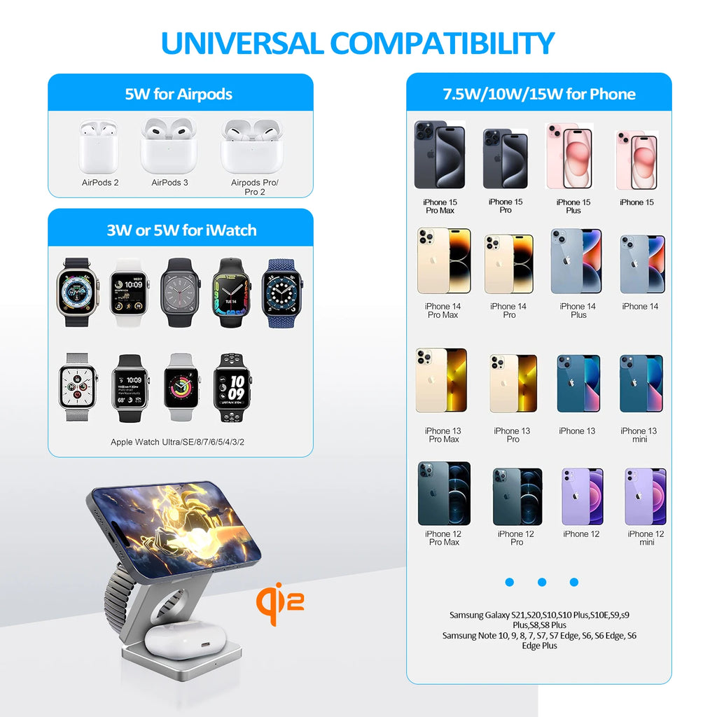 Qi2/Qi1 3 in 1 15 W magnetisches kabelloses Ladegerät für iPhone 17 16 15 Schnellladung, zusammenklappbar, für Apple Watch Airpods kabelloses Ladegerät