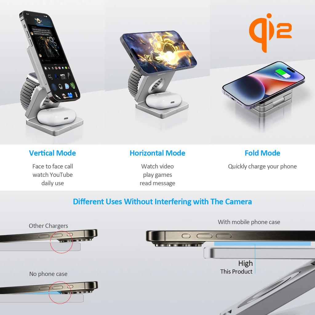 Qi2/Qi1 3 in 1 15 W magnetisches kabelloses Ladegerät für iPhone 17 16 15 Schnellladung, zusammenklappbar, für Apple Watch Airpods kabelloses Ladegerät