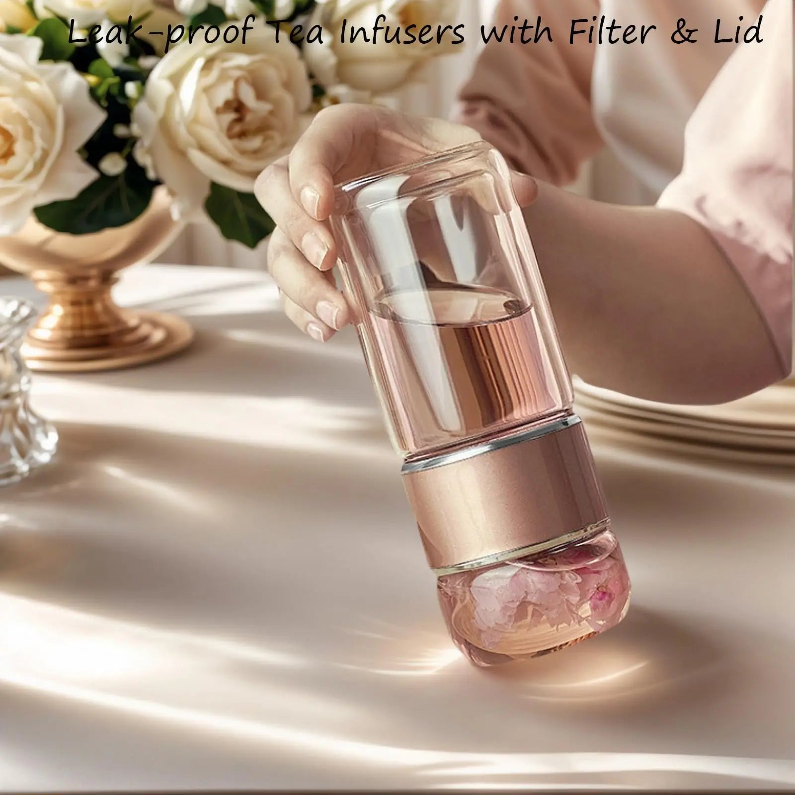Thermoskanne Borosilikatglas – Doppelwandig, 350 ml, Schwarz/Gold/Pink