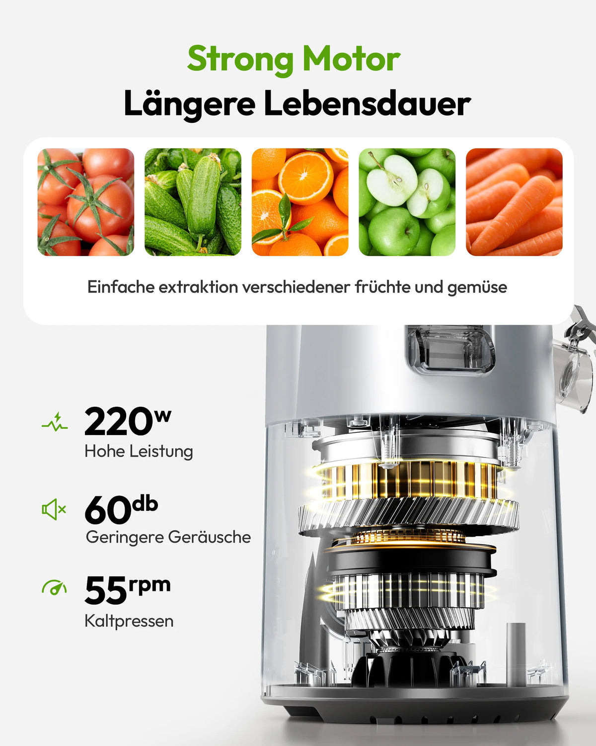 EUHOMY Cold-Press-Entsafter – 220W, Triple-Filter, 135mm Einfüllschacht, 1,8L | CE & RoHS | Obst & Gemüse | Schwarz
