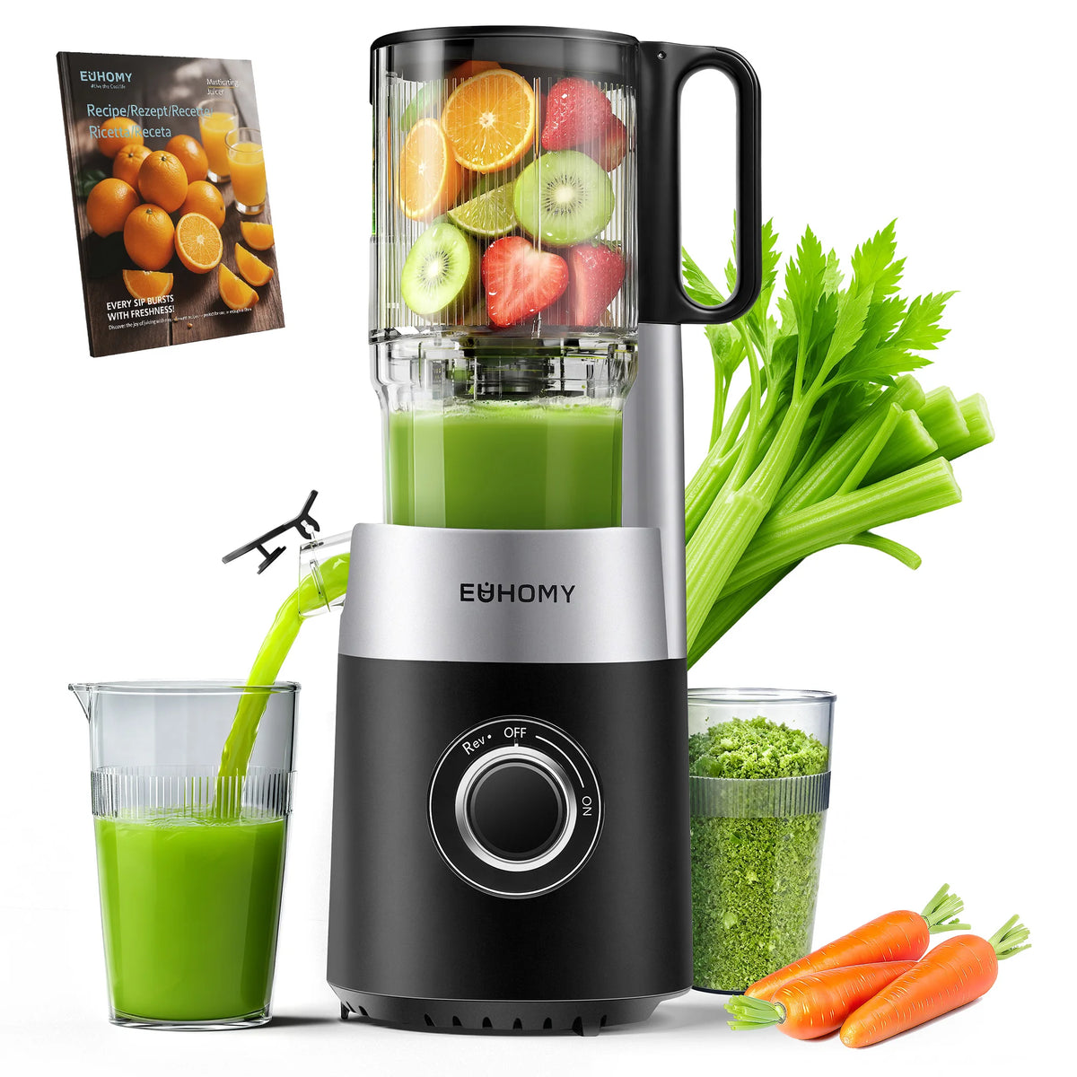 EUHOMY Cold-Press-Entsafter – 220W, Triple-Filter, 135mm Einfüllschacht, 1,8L | CE & RoHS | Obst & Gemüse | Schwarz