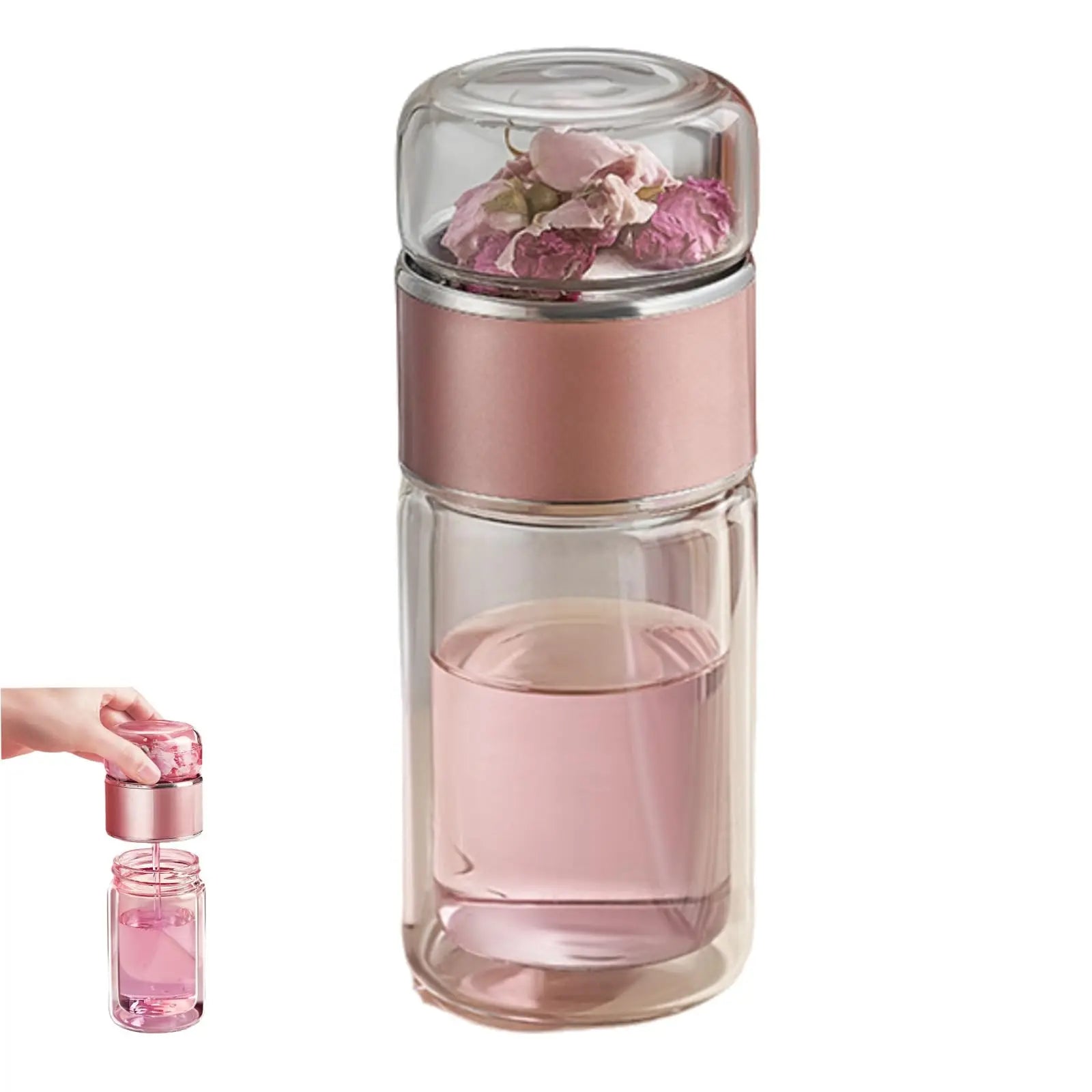 Thermoskanne Borosilikatglas – Doppelwandig, 350 ml, Schwarz/Gold/Pink