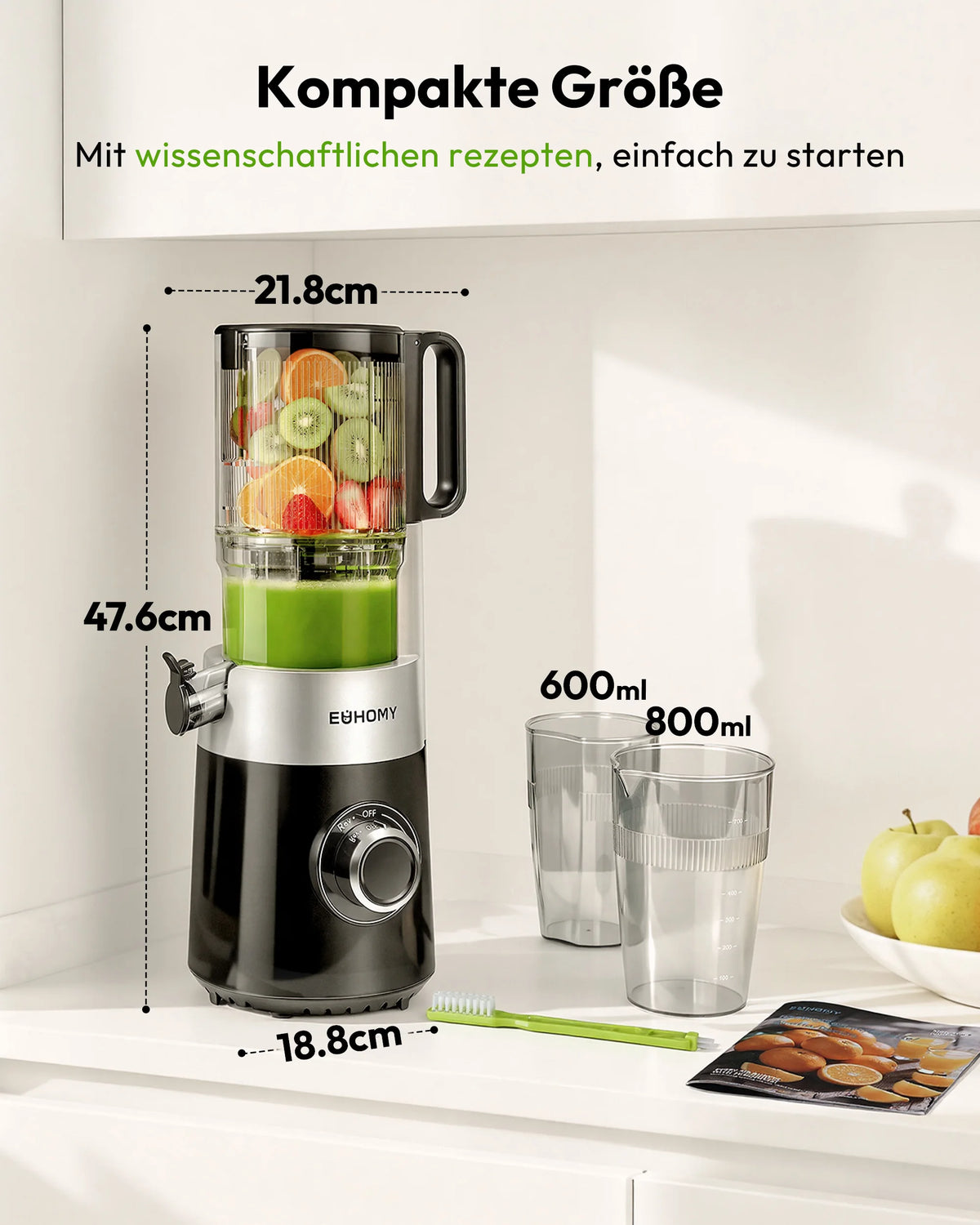 EUHOMY Cold-Press-Entsafter – 220W, Triple-Filter, 135mm Einfüllschacht, 1,8L | CE & RoHS | Obst & Gemüse | Schwarz